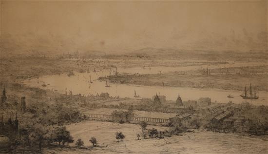 William Lionel Wyllie (1851-1931), etching, The City from Greenwich, signed in pencil, 22 x 37cm